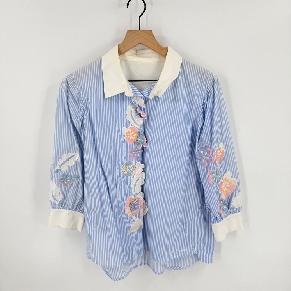 Son Jung Wan Button Up Top Blue Floral Embroidered Striped Blouse Cottage Pastel